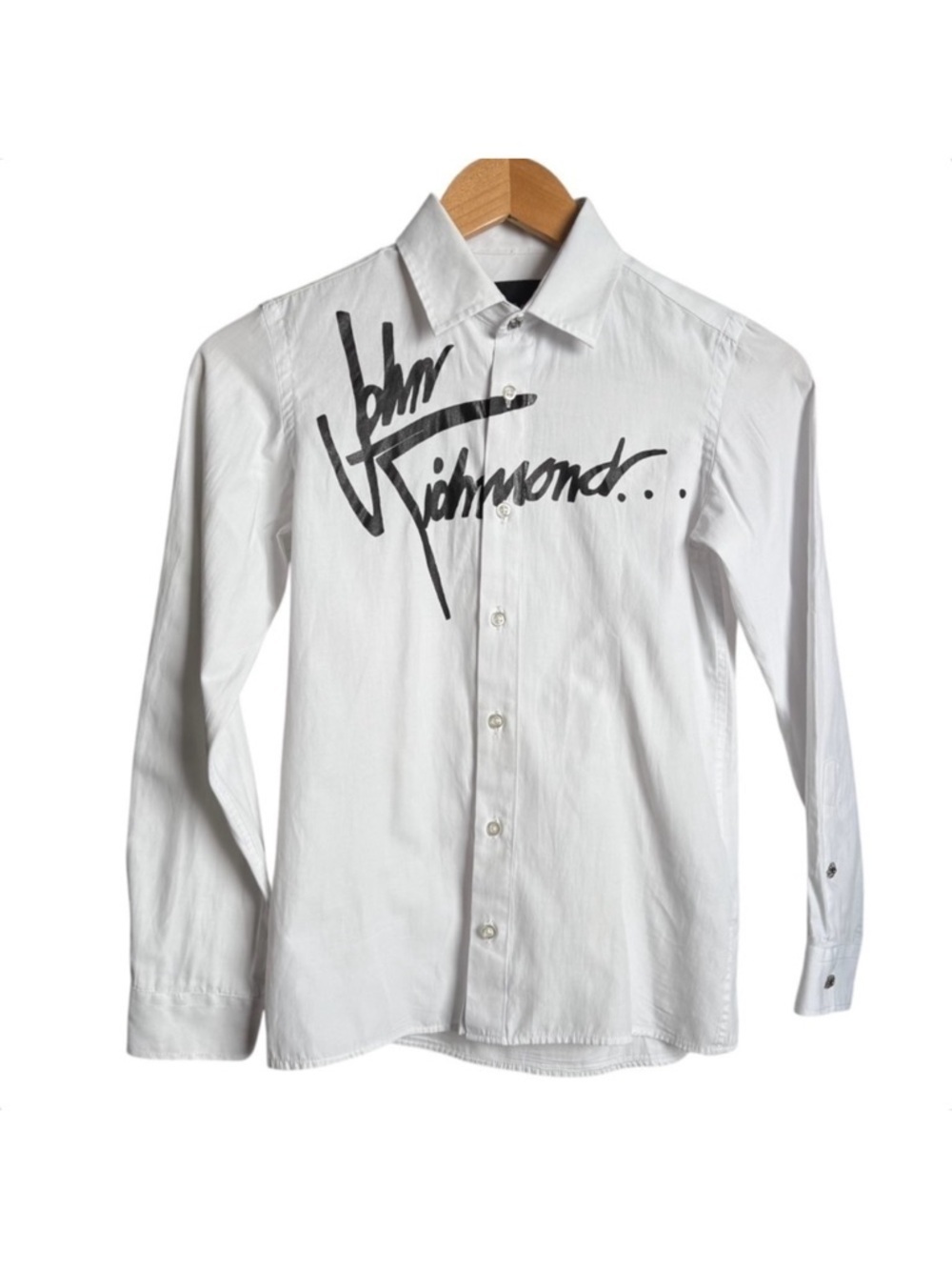 John Richmond Button Down Dress Shirt Boys 12 White Black Spellout Logo Cufflink